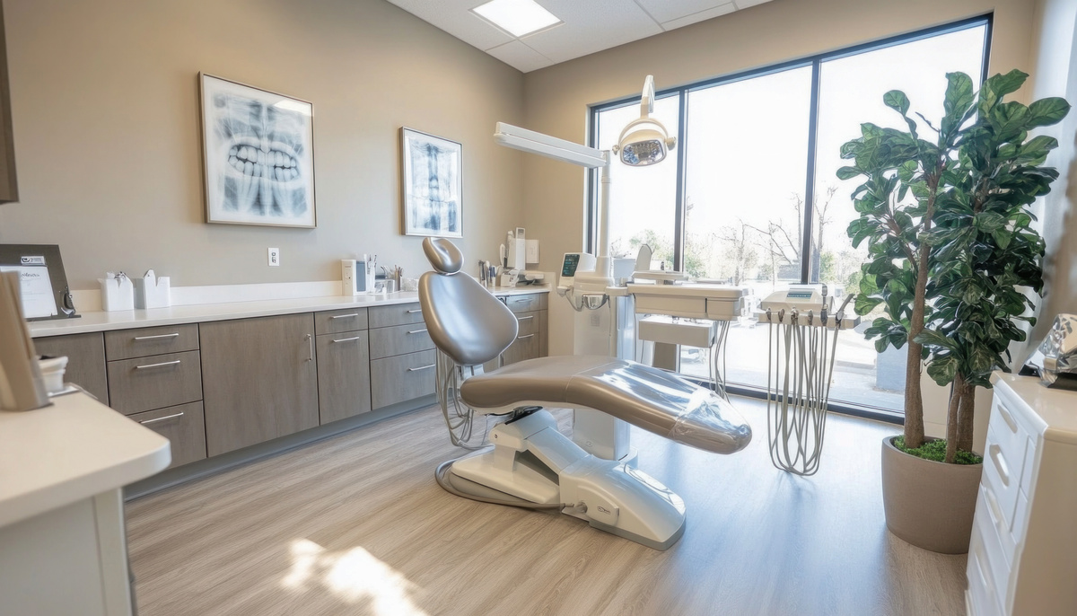 Modern dental office showing equipment and a large window